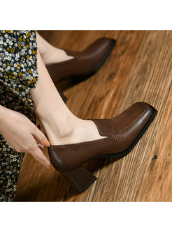 Solid Color Chunky Heel Slip-On Shoes For Women