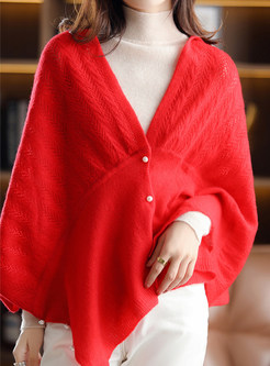 V-Neck Batwing Long Sleeve Pearl Button Open Front Knitted