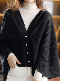 V-Neck Batwing Long Sleeve Pearl Button Open Front Knitted