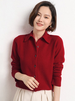 Turn-Down Collar Knitting Solid Color Blouses For Women