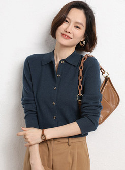 Turn-Down Collar Knitting Solid Color Blouses For Women