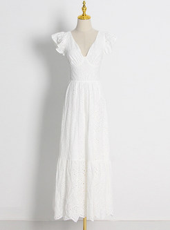 Deep V-Neck Ruffles Glamorous White Maxi Dresses