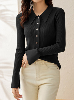 Women's Shirt Collar Flare Sleeve Tight Ribbed Open Front Knitted