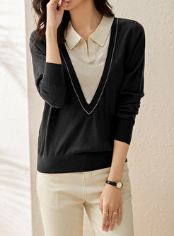 Turn-Down Collar Contrasting Knit Knit Jumper For Women