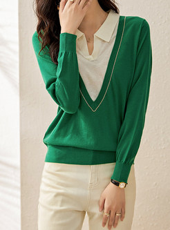 Turn-Down Collar Contrasting Knit Knit Jumper For Women