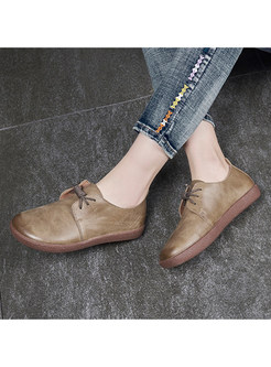 Vintage Genuine Leather Comfort Lace-Up Fastening Women Flat Shoes