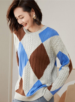 Crew Neck Checkerboard Color-Blocked Plus Size Knitted Jumper For Women