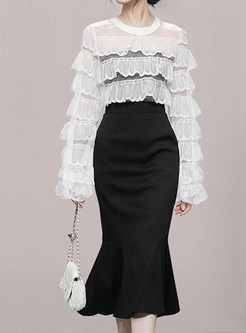 Crewneck Lace-Trimmed White Tops & Chicwish Mermaid Skirt Suits
