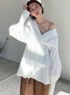 V-Neck Blouson Sleeve Waist Fit White Blouses For Women