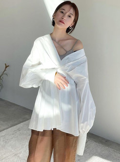 V-Neck Blouson Sleeve Waist Fit White Blouses For Women