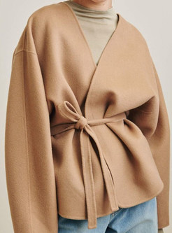 V-Neck Wool Blend Slouchy Tie Waist Womens Coats