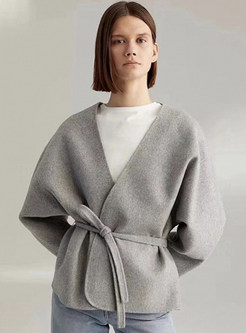 V-Neck Wool Blend Slouchy Tie Waist Womens Coats
