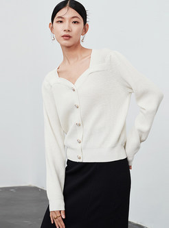 Square Neck Single-Breasted Long Sleeve Wool Open Front Knitted For Women