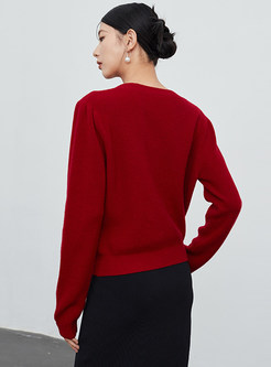 Square Neck Single-Breasted Long Sleeve Wool Open Front Knitted For Women
