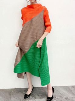 Turtleneck Color-Blocked Casual Long Dresses