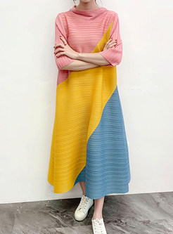 Turtleneck Color-Blocked Casual Long Dresses