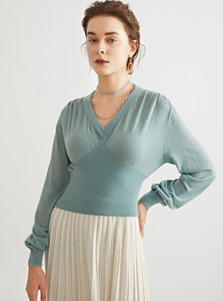 Women's V-Neck Long Sleeve Knit Crop Top