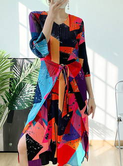 V-Neck Half Sleeve Color Contrast Midi Dresses