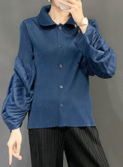 Turn-Down Collar Lantern Sleeve Single-Breasted Tops For Women