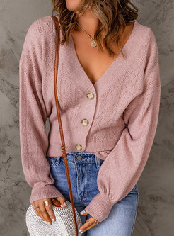 V-Neck Puff Sleeve Single-Breasted Open Front Knitted