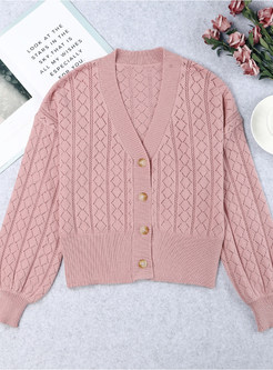 V-Neck Puff Sleeve Single-Breasted Open Front Knitted