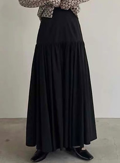 High Waisted Solid Color Big Hem Pleated Long Skirts