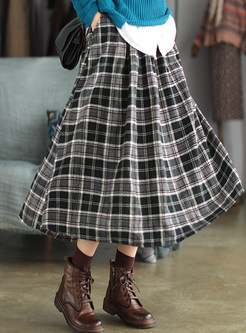 Ethnic Plaid Woolen Big Hem Midi Skirts For Women