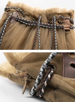 Vintage Drawstring Waist Mesh Big Hem Midi Skirts For Women