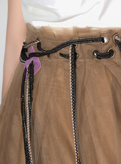 Vintage Drawstring Waist Mesh Big Hem Midi Skirts For Women
