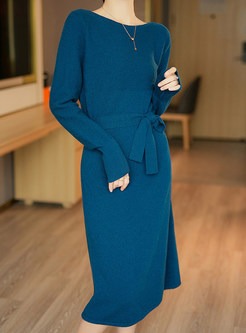 Long Sleeve Wool Tie Waist Tight Knitted Dresses