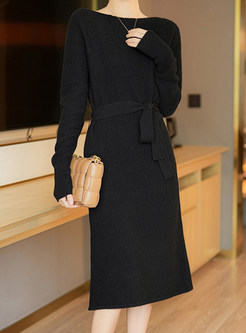 Long Sleeve Wool Tie Waist Tight Knitted Dresses
