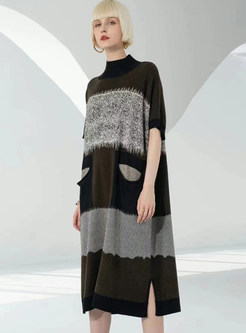 Mockneck Short Sleeve Patchwork Oversize Knitted Dresses