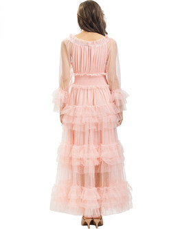 Romance Off-The-Shoulder Mesh Pleated Layer Frill Dresses