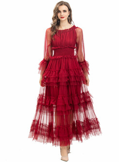 Romance Off-The-Shoulder Mesh Pleated Layer Frill Dresses