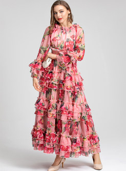 Off-The-Shoulder Allover Print Pleated Layer Frill Long Dresses