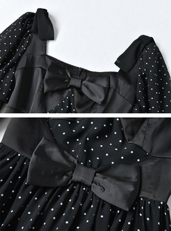 Square Neck Long Sleeve Polka Dot Bow-Embellished Maxi Dresses