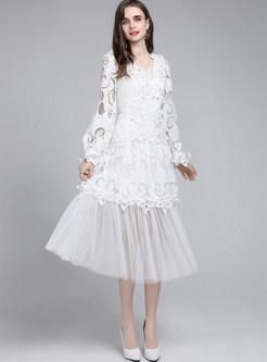 V-Neck Water Soluble Lace Pretty White Dresses