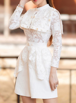 Mockneck Embroidered Gathered Lace Party Dresses