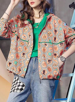 Stylish Zipped All Over Print Hooded Jackets For Women