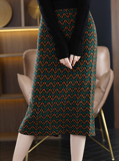 Vintage Wool Intarsia Knitted Pencil Skirts For Women