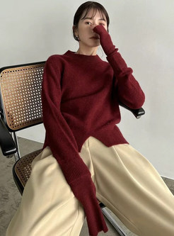 Crewneck Solid Color Wool Split Knitted Jumper