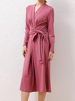 V-Neck Long Sleeve Solid Color Wrap Dresses
