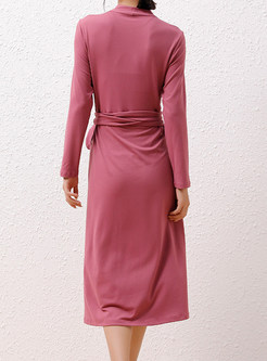 V-Neck Long Sleeve Solid Color Wrap Dresses