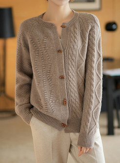 Crewneck Single-Breasted Cable Knit Open Front Knitted