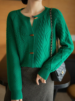 Crewneck Single-Breasted Cable Knit Open Front Knitted