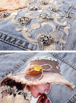 Mockneck Embroidered 3D Flower Decor Women Denim Jackets