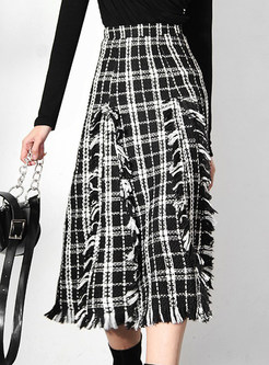 Vintage Plaid Fringes Midi Skirts For Women