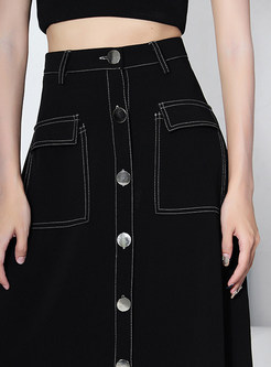 Vintage Single-Breasted Jean Skirts With Pockets For Women