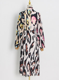 Vintage Animal Print Long Sleeve Midi Dresses
