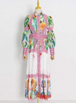 Luxe Blouson Sleeve Printed Single-Breasted Maxi Dresses